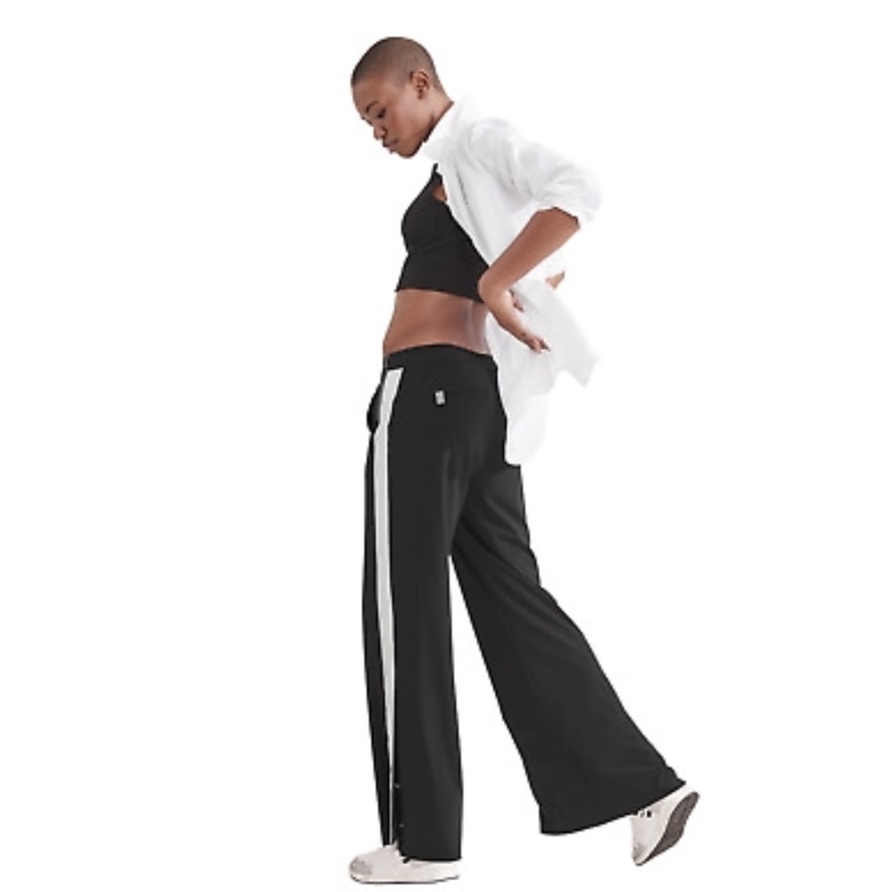 Athleta Black Wide-Leg Track Pants with White Side Stripe